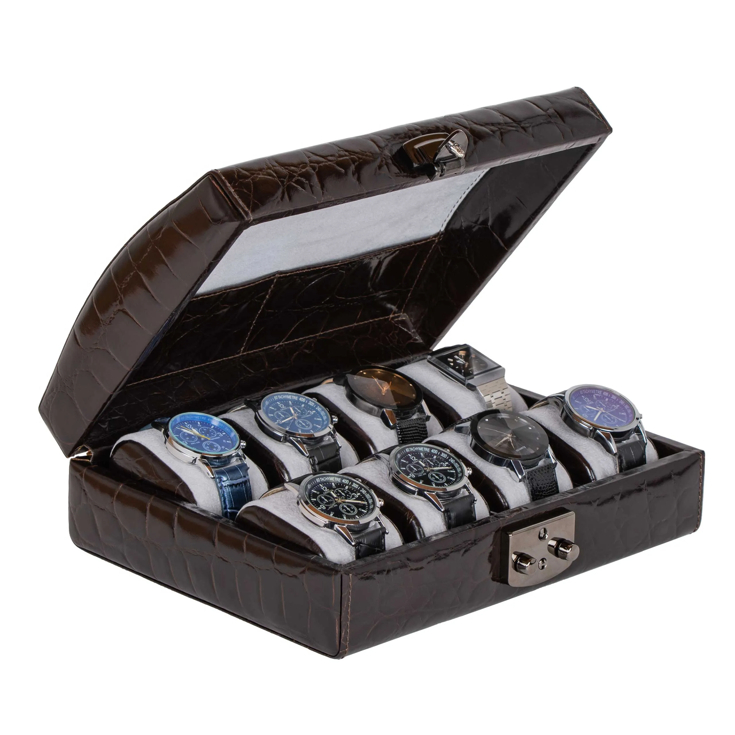 Italian Leather Watch Case Eight Watches Dark Brown Croc Print